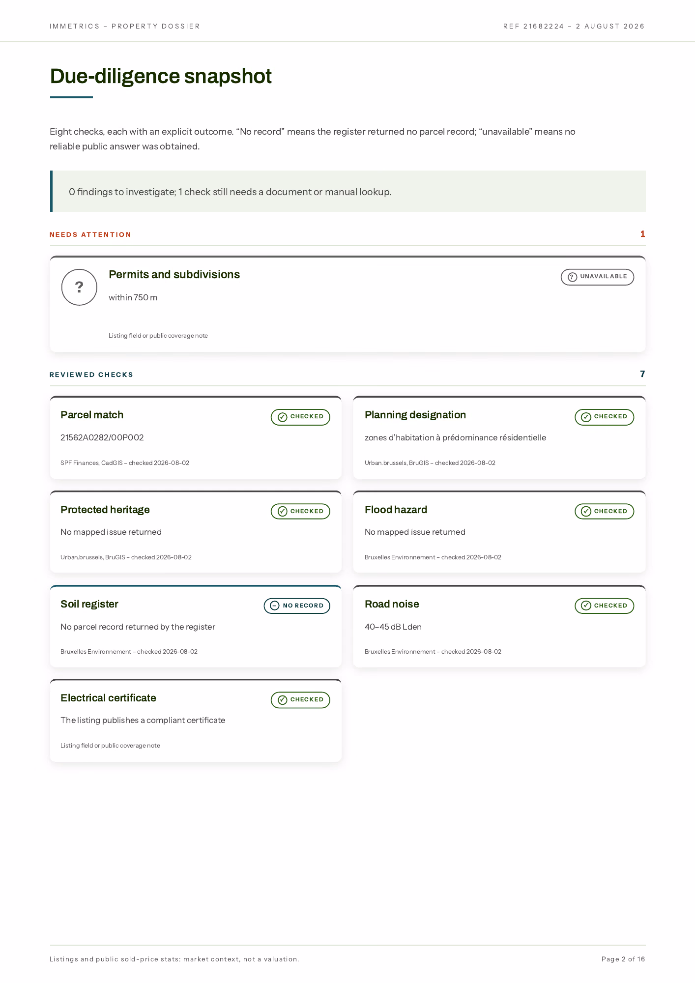 Report page: due-diligence snapshot