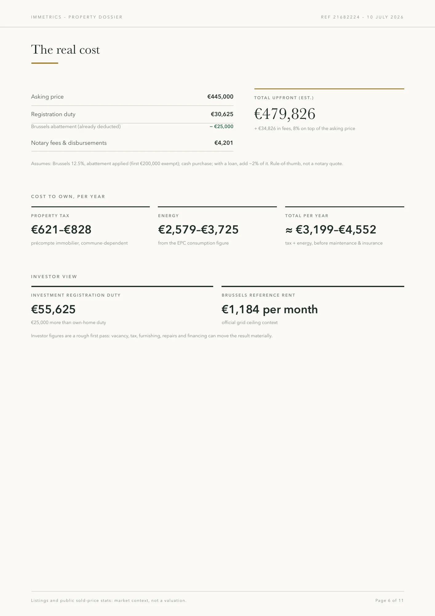 Report page: yearly costs and due-diligence flags