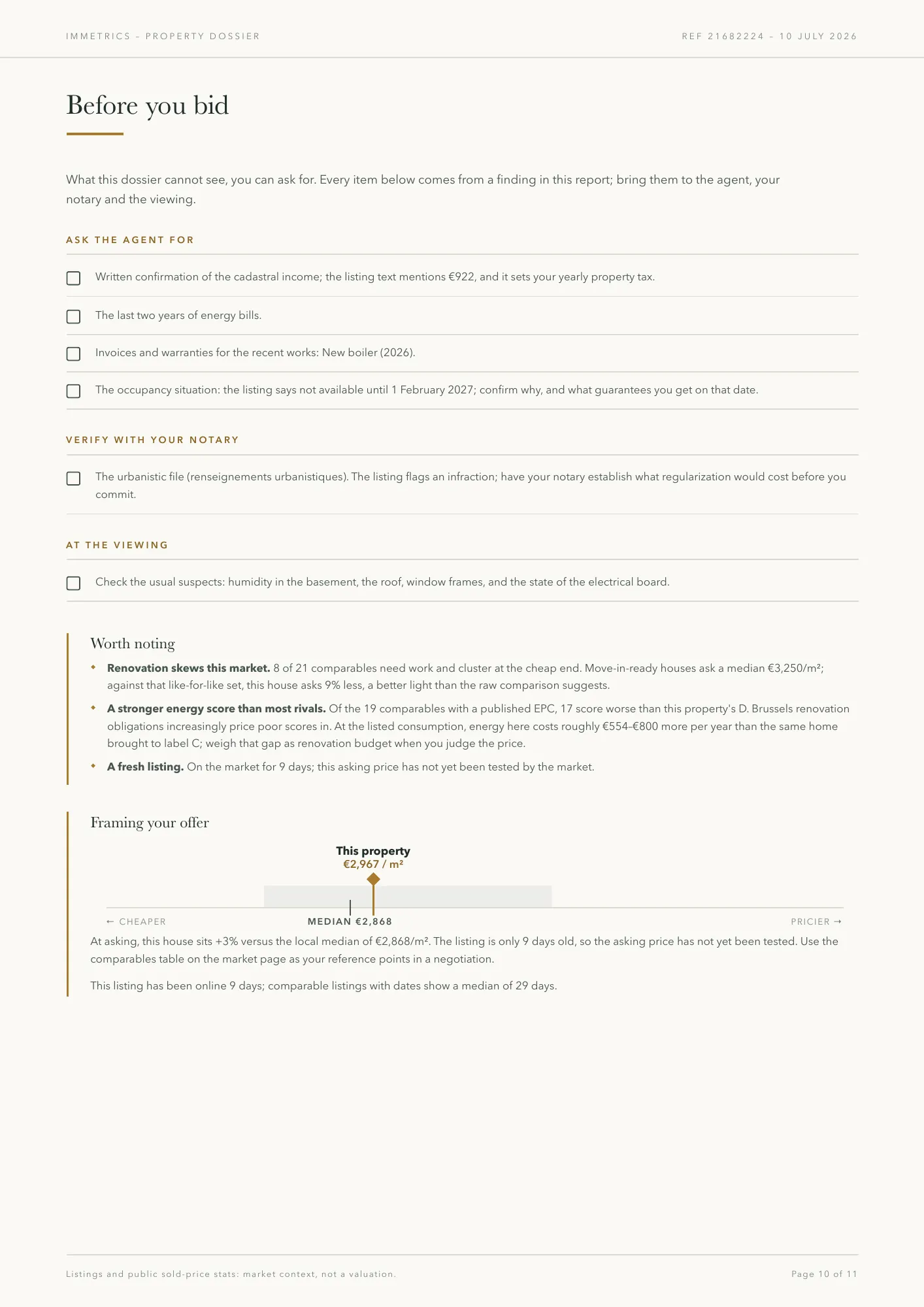 Report page: questions for the agent and financing sketch